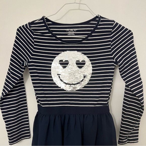The Children's Place Other - Girls Flip Sequin Dress Smiley Face Blue White Stripe The Childrens Place 7/8 M